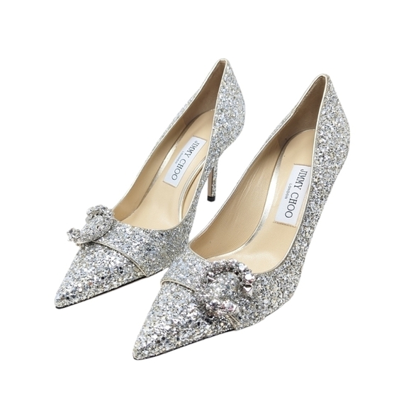 NIB Jimmy Choo Saresa 85 Coarse Glitter Pumps Champagne Silver Size EU 38.5 - Picture 3 of 16
